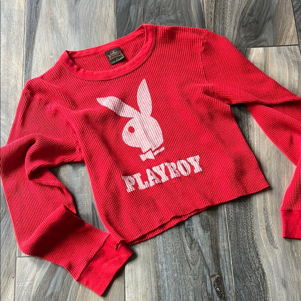 Red Playboy Long Sleeve Crop Top